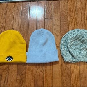 Yellow, baby blue, and light green Beanie Set